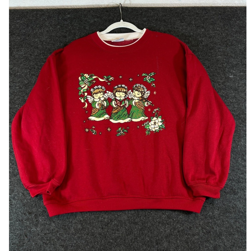 Vintage Basic Editions Christmas Angels Sweatshirt Red Glitter Holiday Womens XL